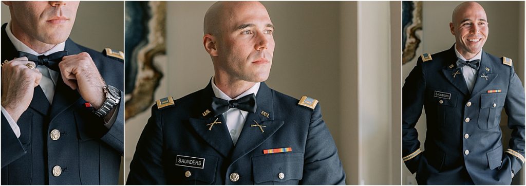 groom portrait and details in army uniform dress blues charleston wedding at the citadel