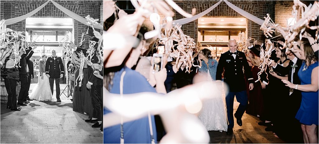 bride and groom kissing during ribbon exit sparkler exit historic rice mill charleston sc wedding