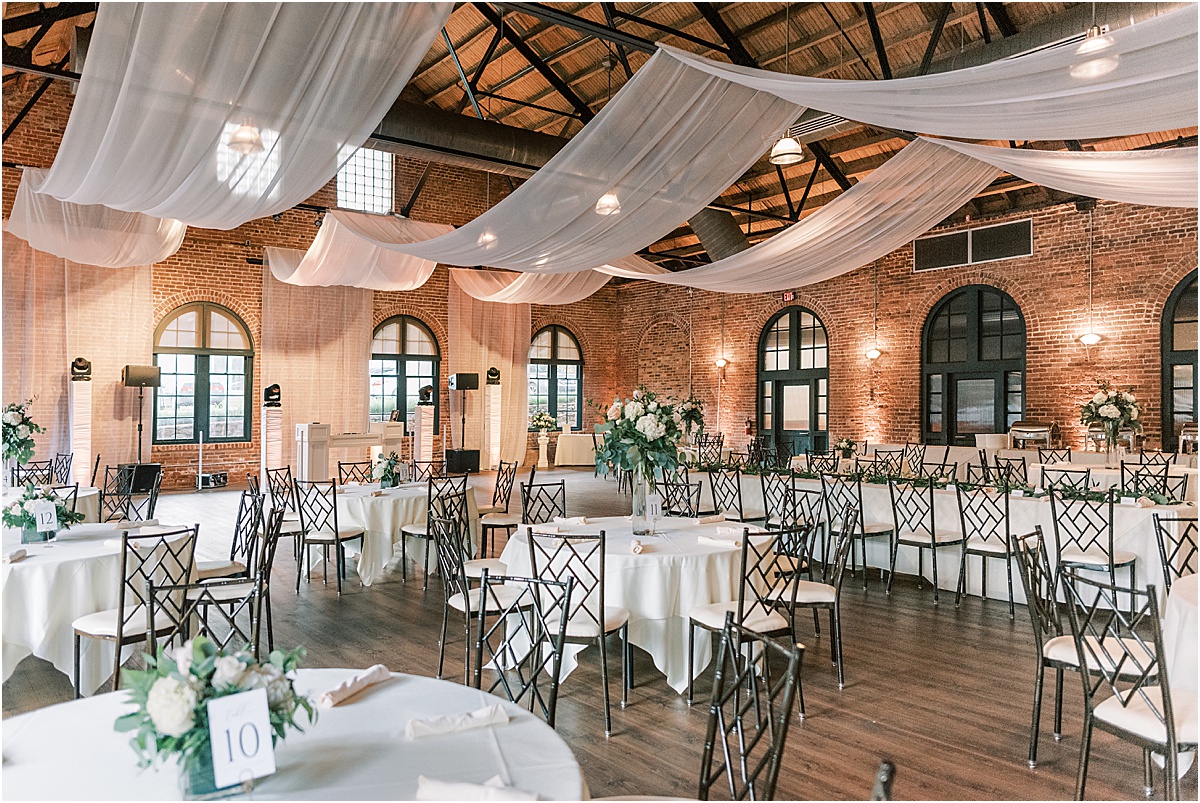 Wedding details and full room wide shot at Larkin's The L event space downtown Greenville wedding photography